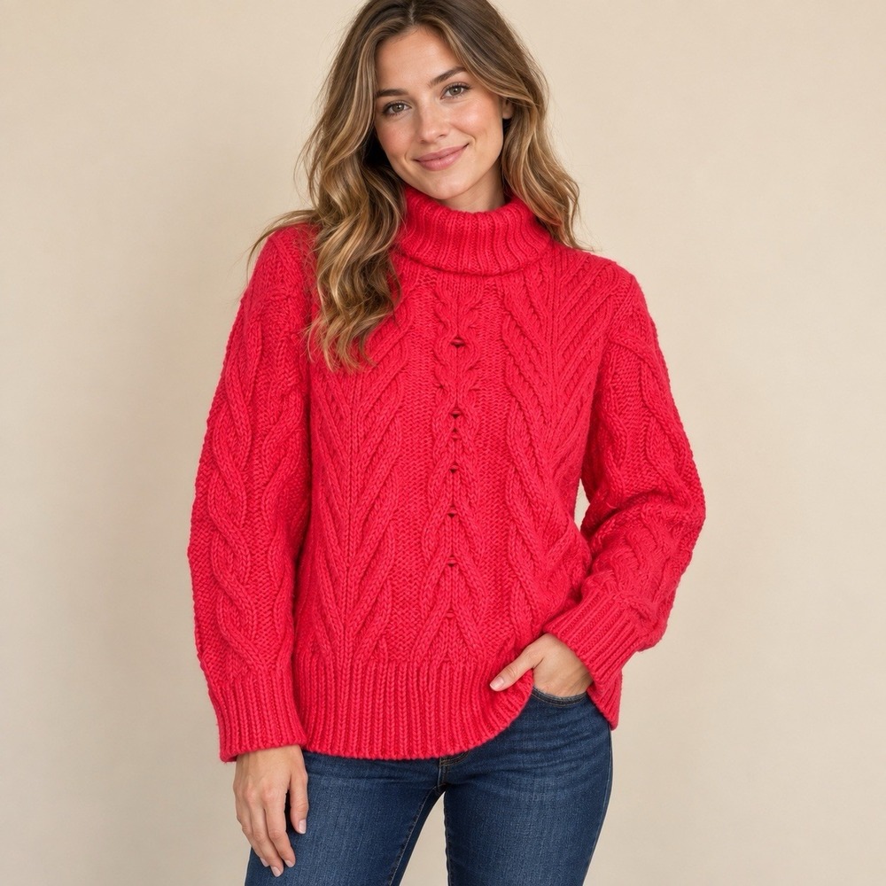 French Connection Nissa Pink Red Chunky Cable Knit Turtleneck Sweater Wool Sz L